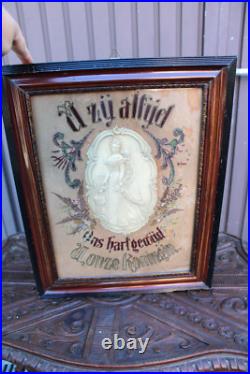 Antique religious embroidery wax mdaillon wall plaque