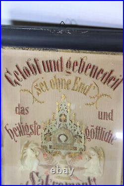 Antique religious embroidery wax monstrance angels wall plaque