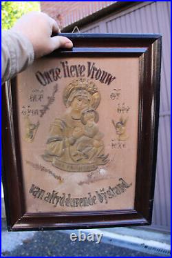 Antique religious embroidery wax our lady of perpetual help wall plaque