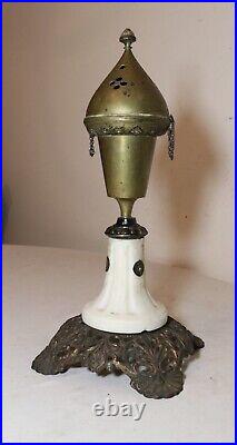 Antique religious enameled brass iron alabaster church French incense burner pot