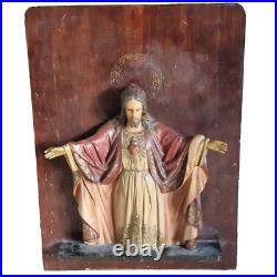 Antique religious frame jesus polychrome plaster statue scultpure sacred heart