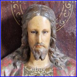 Antique religious frame jesus polychrome plaster statue scultpure sacred heart
