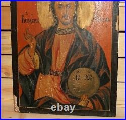 Antique religious hand painted icon Jesus Christ Pantocrator