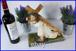 Antique religious jesus christ cross carrying sculpture statue ceramic chalk