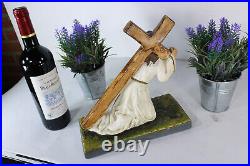 Antique religious jesus christ cross carrying sculpture statue ceramic chalk