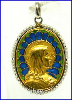 Antique religious medal in 18K gold with Plique A Jour enamel and Sea Pearl
