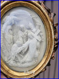 Antique religious meerschaum Christ falling cross to calvary plaque