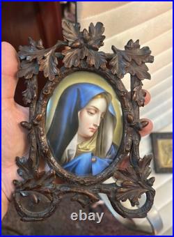 Antique religious miniature in enamel on porcelain of the Virgin Mary