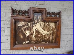 Antique religious neo gothic wood carved plaque frame deposition christ