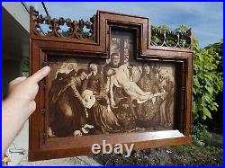 Antique religious neo gothic wood carved plaque frame deposition christ