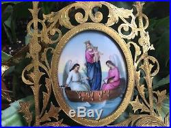 Antique religious painting French Limoges 1800s Lovely Brass Frame Mary Jesus