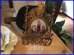 Antique religious painting French Limoges 1800s Lovely Brass Frame Mary Jesus