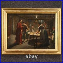 Antique religious painting framework oil on canvas blessing before dinner 800