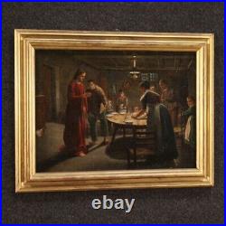 Antique religious painting framework oil on canvas blessing before dinner 800