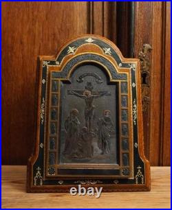 Antique religious prayer ornate desk stand silvered and leather Calvary Apostles