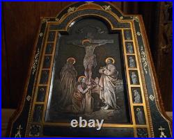 Antique religious prayer ornate desk stand silvered and leather Calvary Apostles