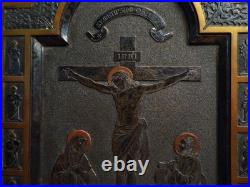 Antique religious prayer ornate desk stand silvered and leather Calvary Apostles
