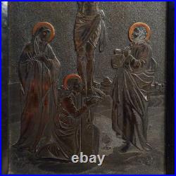 Antique religious prayer ornate desk stand silvered and leather Calvary Apostles