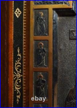 Antique religious prayer ornate desk stand silvered and leather Calvary Apostles