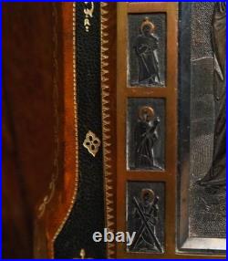 Antique religious prayer ornate desk stand silvered and leather Calvary Apostles