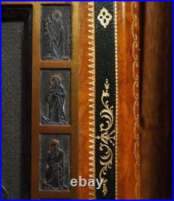 Antique religious prayer ornate desk stand silvered and leather Calvary Apostles