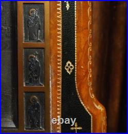 Antique religious prayer ornate desk stand silvered and leather Calvary Apostles