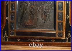 Antique religious prayer ornate desk stand silvered and leather Calvary Apostles