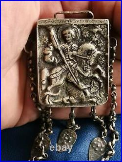 Antique religious silver box. Amulet. Muska. Reliquary. St. George