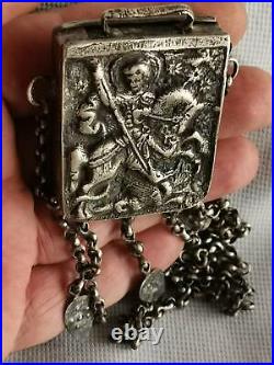 Antique religious silver box. Amulet. Muska. Reliquary. St. George