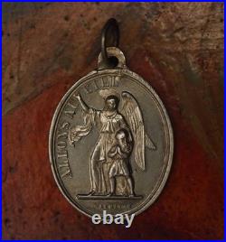 Antique religious silver medal pendant Mother Mary Guardian Angel by Vachette