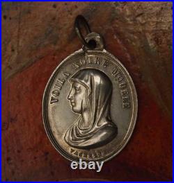 Antique religious silver medal pendant Mother Mary Guardian Angel by Vachette