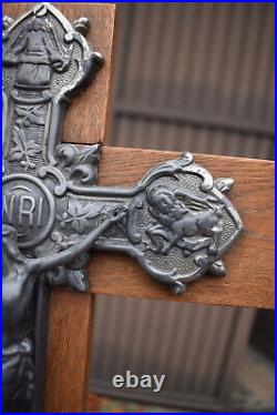 Antique religious wall crucifix metal wood with 4 evangelist symbols