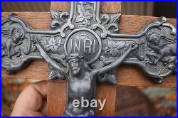 Antique religious wall crucifix metal wood with 4 evangelist symbols