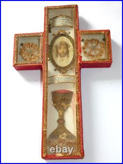 Antique religious wall crucifix with decoration texts inside 1950