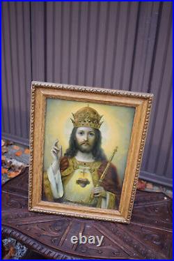 Antique religious wall plaque litho christ king portrait