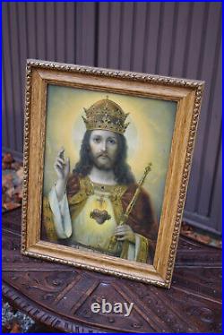 Antique religious wall plaque litho christ king portrait