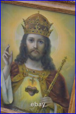 Antique religious wall plaque litho christ king portrait