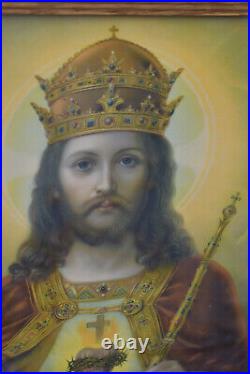 Antique religious wall plaque litho christ king portrait