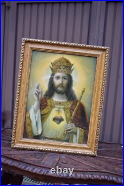 Antique religious wall plaque litho christ king portrait