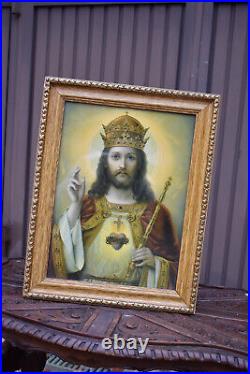 Antique religious wall plaque litho christ king portrait