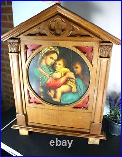 Antique religious wood carved neo gothic wall panel frame oil painting madonna