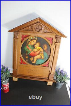 Antique religious wood carved neo gothic wall panel frame oil painting madonna