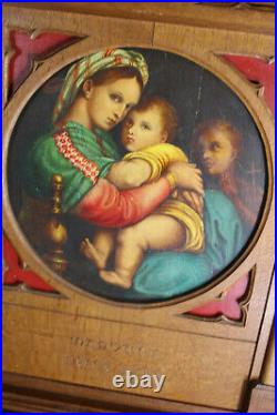 Antique religious wood carved neo gothic wall panel frame oil painting madonna