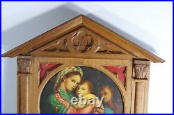 Antique religious wood carved neo gothic wall panel frame oil painting madonna