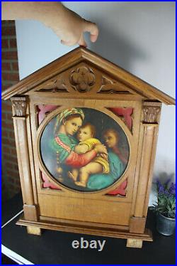 Antique religious wood carved neo gothic wall panel frame oil painting madonna