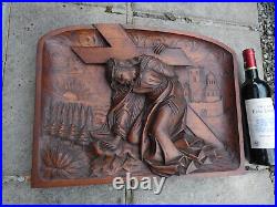 Antique religious wood carved relief wall plaque panel jesus carrying cross