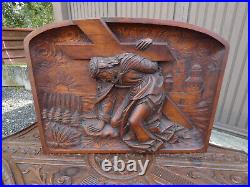 Antique religious wood carved relief wall plaque panel jesus carrying cross