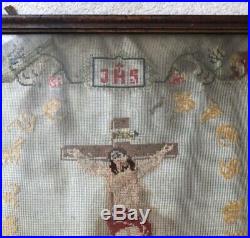Antique sampler 19th Century Embroidery Victorian 1898 Crucifixion Religious Old