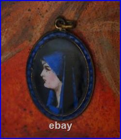 Antique silvered hand painted enamel religious medal pendant Lady Mary Lourdes