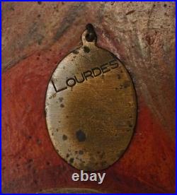 Antique silvered hand painted enamel religious medal pendant Lady Mary Lourdes